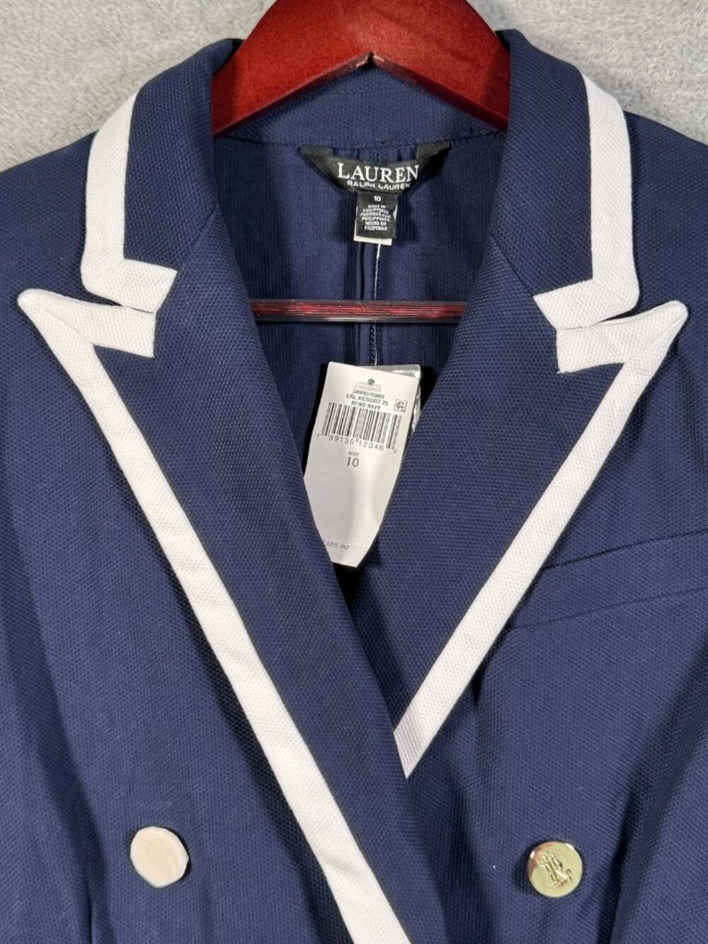 Lauren Ralph Lauren Blazer Womens 10 Navy Two Tone Double Breasted Pique $325 - Picture 3 of 13